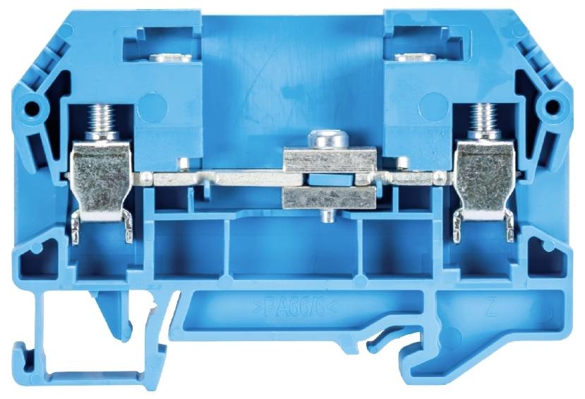 Un bloc de bornes électrique bleu montre des connexions pour des fils, adapté au raccordement de lignes électriques dans les armoires électriques.