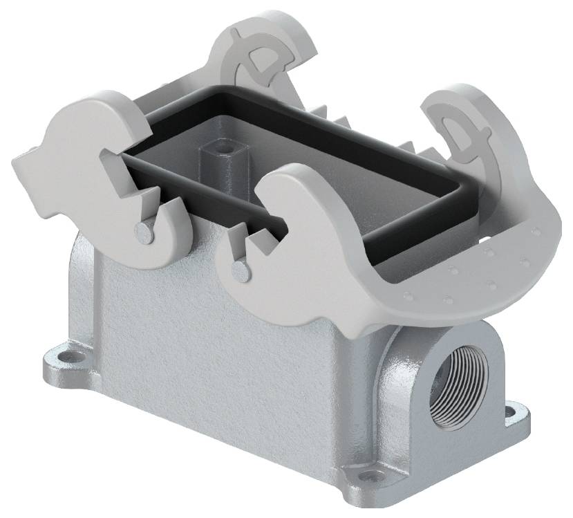 Boîtier métallique avec découpe rectangulaire et éléments de fixation latéraux, adapté aux applications industrielles.
