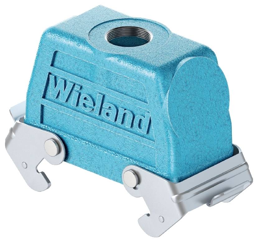 Boîtier métallique bleu avec l'inscription 'Wieland', connecteurs sur les côtés, pour raccordements électriques.