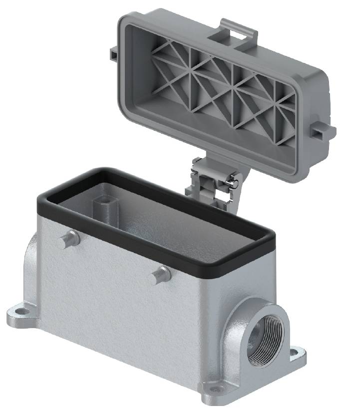 Un boîtier métallique rectangulaire gris avec un couvercle ouvert et des éléments de fixation, adapté aux applications techniques.