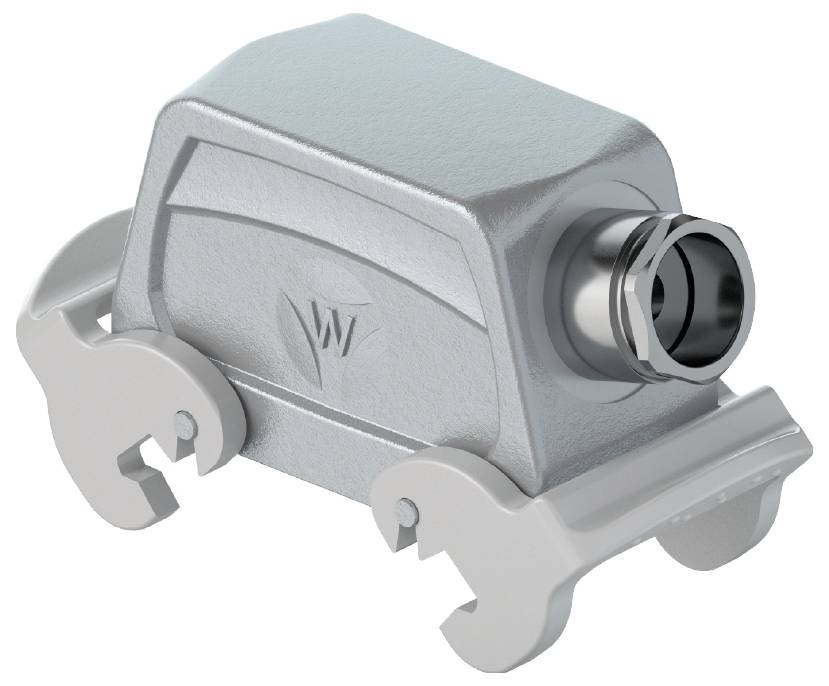 Adaptateur de boîtier de connecteur métallique avec fixations latérales et une ouverture de raccordement circulaire.