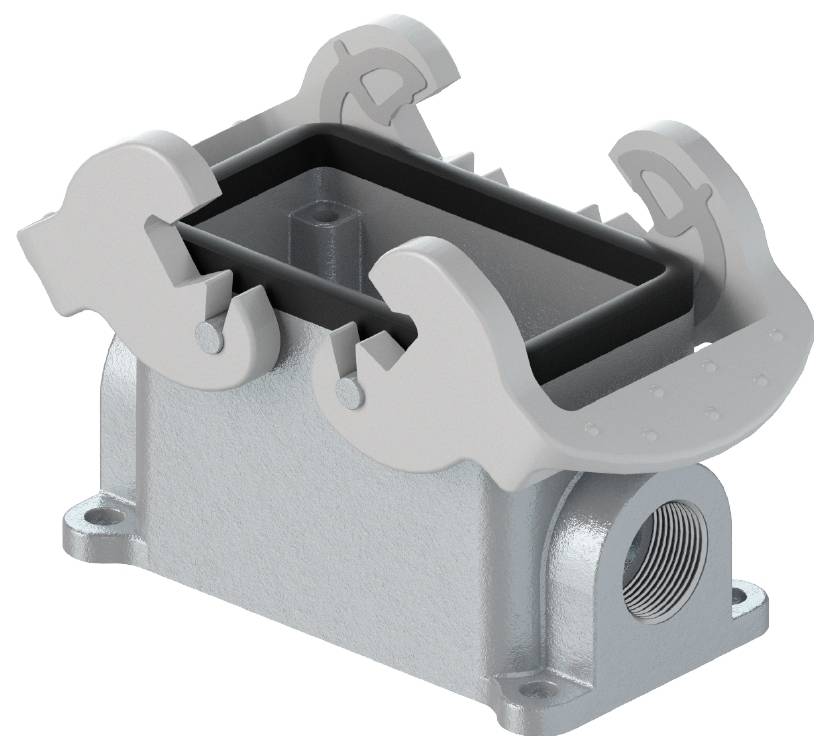 Un connecteur électrique rectangulaire avec des trous de fixation et un passage de câble, adapté aux applications industrielles.