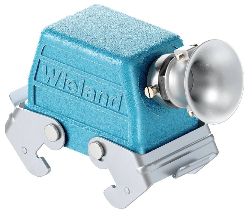 Un connecteur industriel bleu de Wieland avec un boîtier métallique robuste et une connexion argentée. Principalement utilisé pour les connexions électriques.
