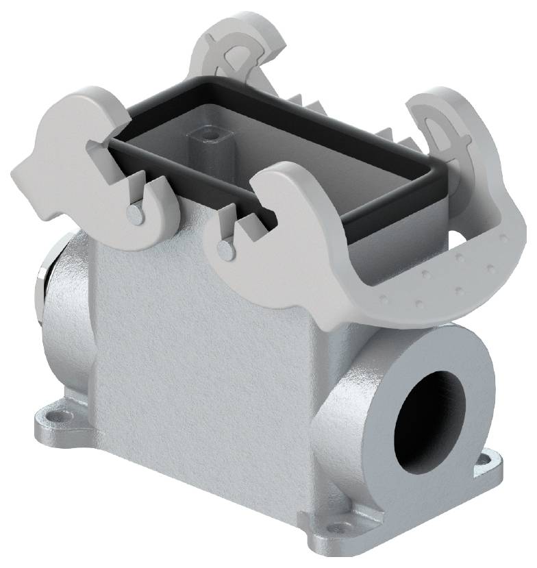 Un connecteur rectangulaire en acier argenté avec deux attaches grises en haut. Adapté aux connexions de câbles et de tuyaux dans les applications industrielles.