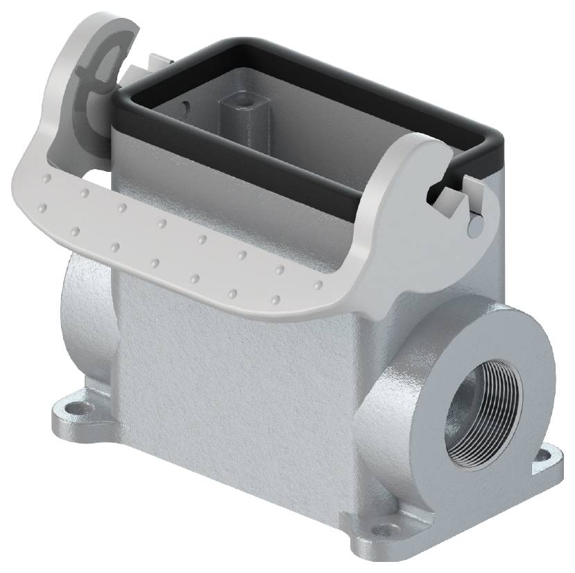 Prise industrielle avec couvercle de protection pivotant, adaptée aux connexions électriques robustes. Vue latérale.