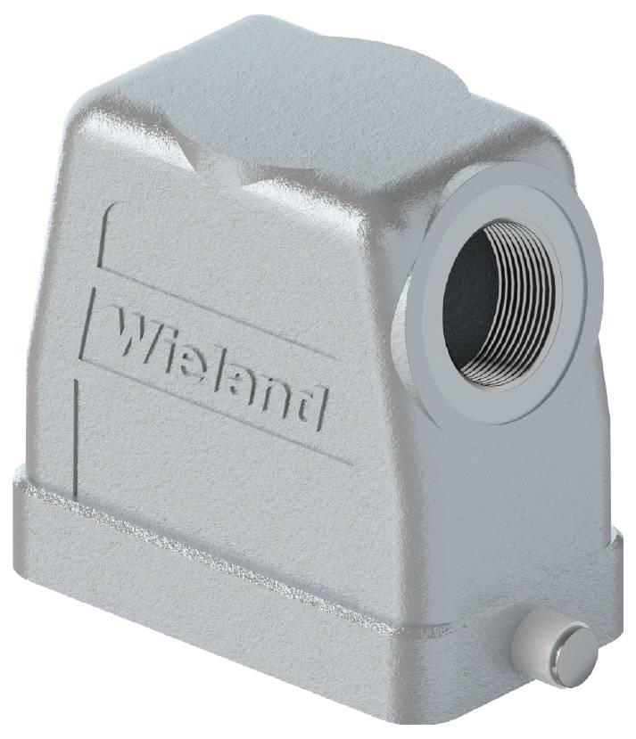 Boîtier métallique avec le nom de l'entreprise gravé, ouverture cylindrique sur le côté, probablement destiné à des applications industrielles.