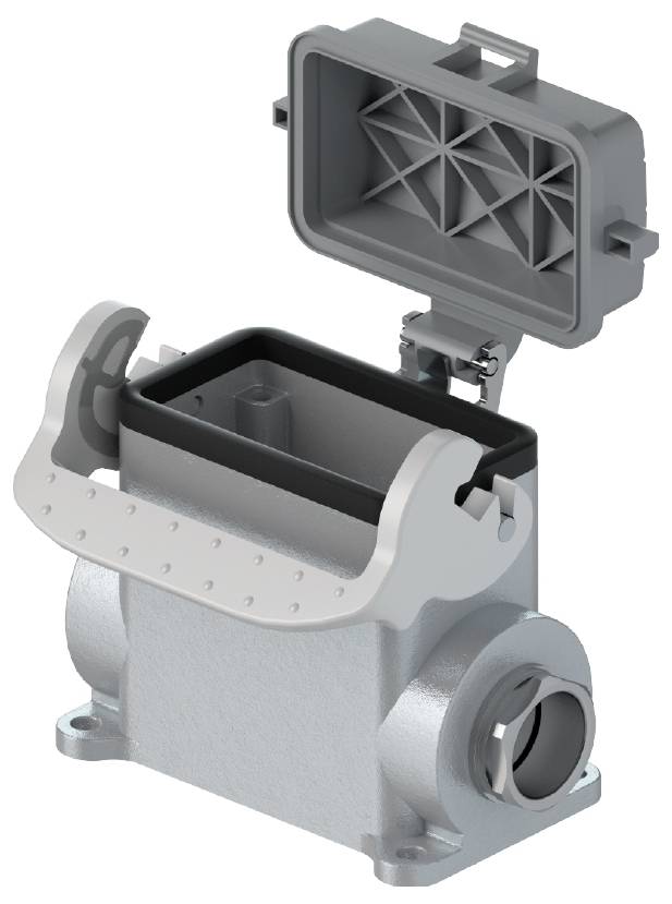 Boîtier métallique de forme rectangulaire avec couvercle ouvert et connexion de câble latérale. Adapté aux applications industrielles.