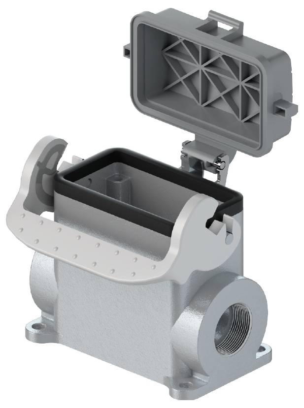 Boîtier métallique avec couvercle ouvert, quatre trous de fixation à la base et raccordement fileté latéral pour applications industrielles.