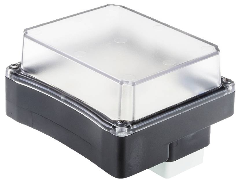 Boîtier noir rectangulaire avec un couvercle transparent. Il semble s'agir d'un dispositif technique ou d'un composant d'un système plus large.