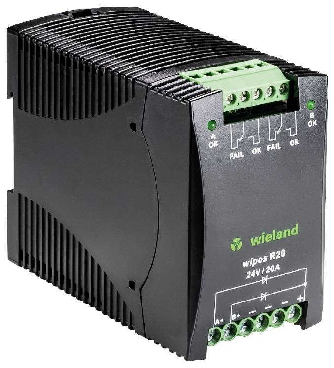 Alimentation électrique industrielle : 'wipos R2D', 24V, 20A de Wieland, avec bornes vertes et indicateurs de statut pour les erreurs et le bon fonctionnement.