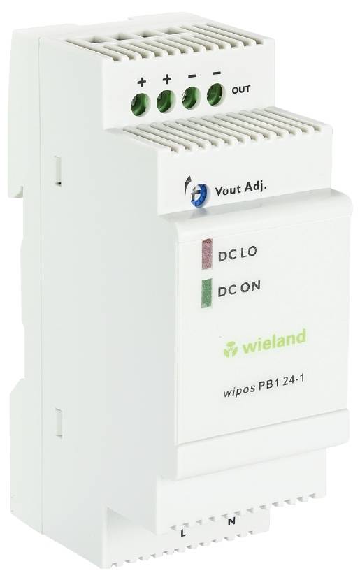 Un module électrique blanc de Wieland portant les inscriptions 'DC LO', 'DC ON' et 'wipos PB1 24-1', utilisé pour l'alimentation électrique.