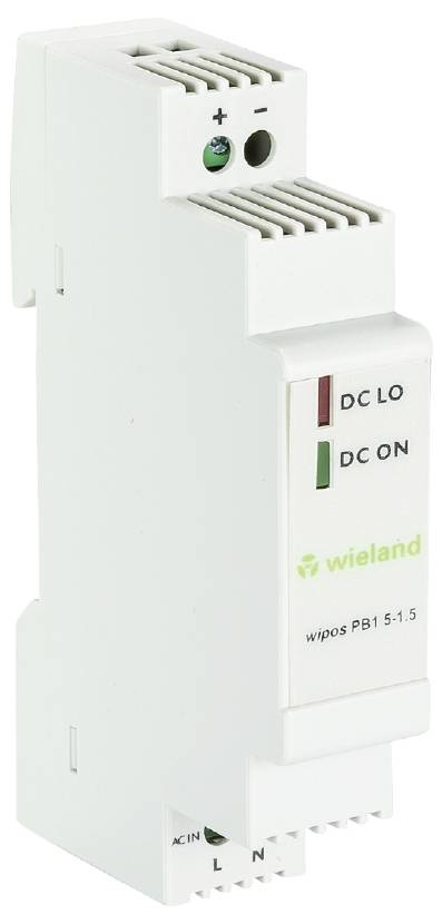 Un module électrique blanc portant les inscriptions « DC LO », « DC ON » et « wieland wipos PB1 5-1.5 ».