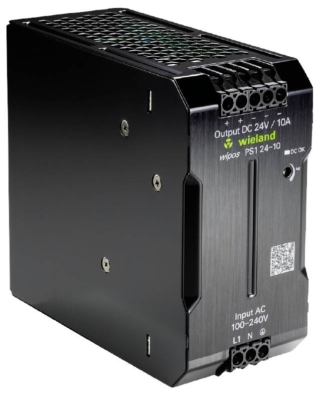 Un bloc d'alimentation à découpage de marque 'wieland', avec 'Sortie DC 24V / 10A' et 'Entrée AC 100–240V'. Boîtier noir avec connexions en haut.