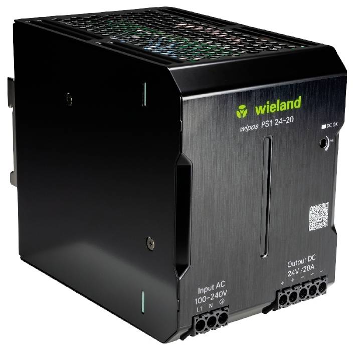Alimentation industrielle de la marque Wieland, modèle 'wiepacs PS1 24-20', entrée AC 100–240V, sortie DC 24V/20A.