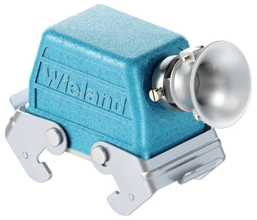 Un boîtier de connecteur électrique bleu avec des contacts en laiton nickelé portant l'inscription 'Wieland'.