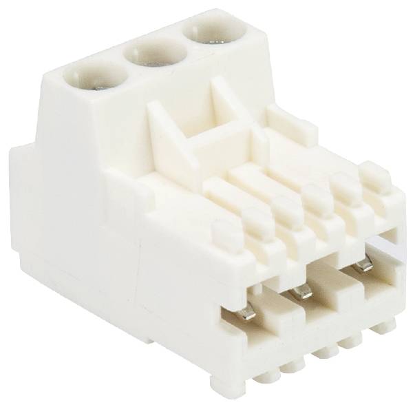 Petit connecteur blanc en plastique avec plusieurs ouvertures de raccordement, utilisé pour les connexions électriques.