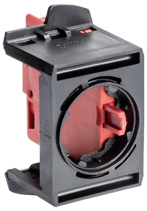 Support modulaire noir et rouge, en plastique, de forme rectangulaire, avec une ouverture circulaire, utilisé dans un contexte technique.