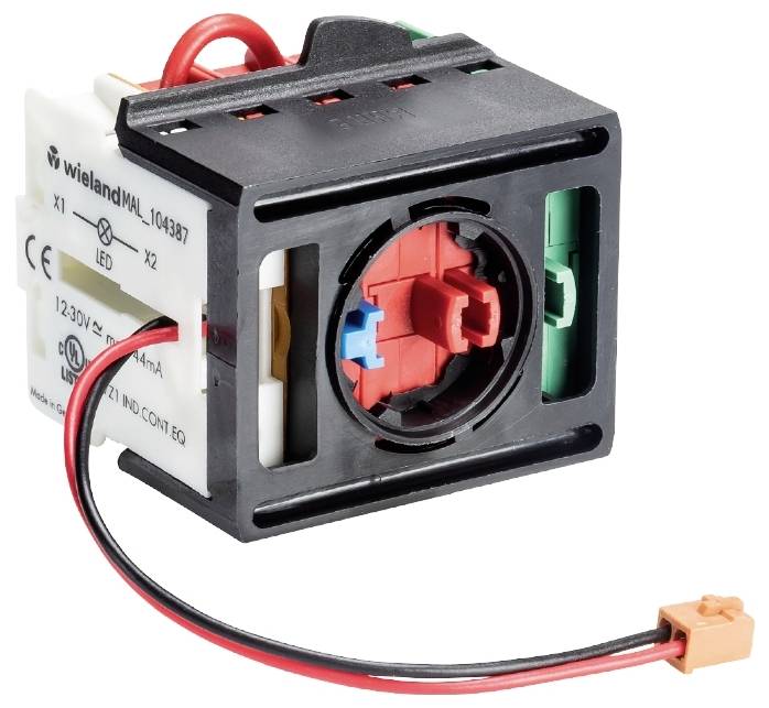 Composant électronique avec un connecteur multicolore, un câble et un marquage, intégré dans un boîtier rectangulaire.