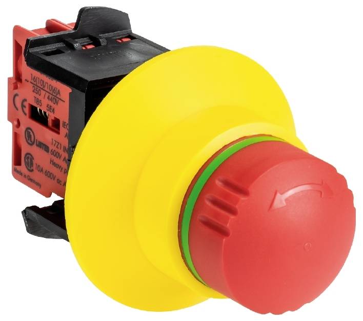 Bouton d'arrêt d'urgence grand et rouge avec un bord jaune, conçu pour arrêter rapidement des machines en cas de situation critique.