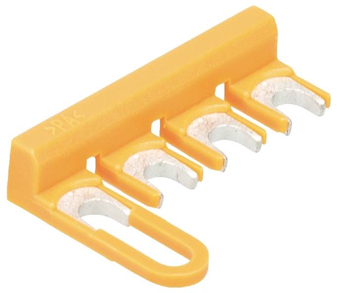 Peigne électrique orange à cinq dents pour tableau électrique, utilisé pour la connexion d'appareils dans les armoires de distribution électrique.