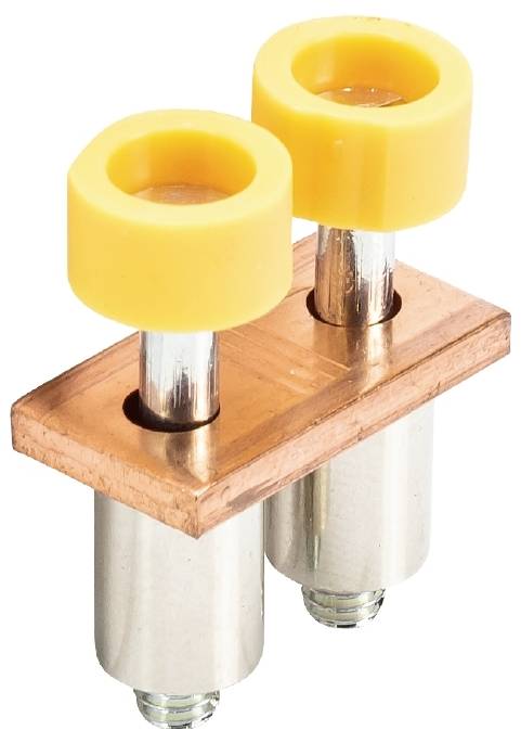 Une borne électrique double à vis avec deux connexions jaunes et un connecteur en cuivre, destinée à être fixée sur une surface.