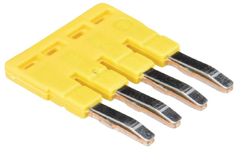 Cavalier jaune pour connexions électroniques à quatre broches métalliques. Utilisé pour configurer les paramètres sur les cartes de circuit imprimé.