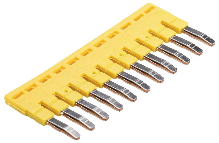 Borne de jonction électrique jaune avec dix contacts métalliques.