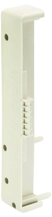 Un levier rectangulaire blanc en plastique avec un crochet à chaque extrémité. Utilisé pour sécuriser ou fixer des objets.