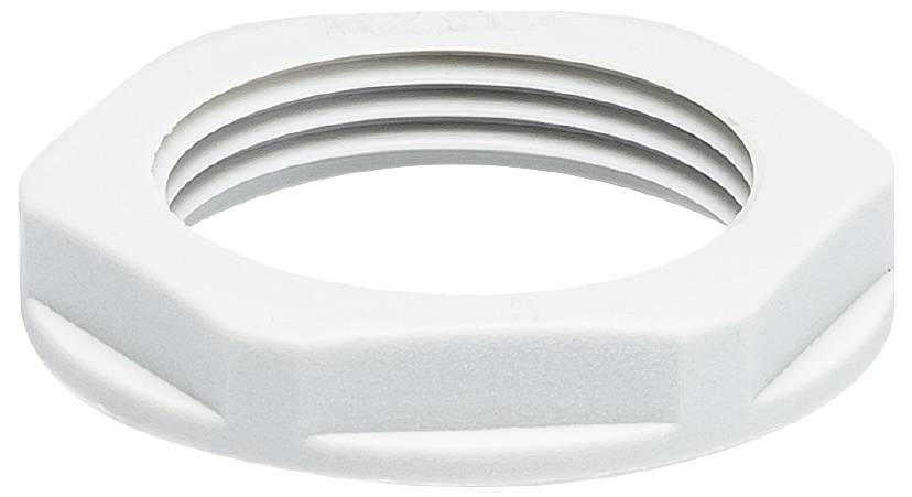 Écrou de fixation en plastique blanc, de forme hexagonale avec filetage intérieur, utilisé pour la fixation de tuyaux ou comme élément de raccordement.