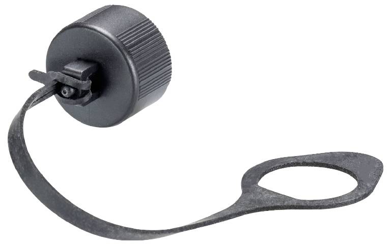 Couvercle en plastique noir avec une structure rainurée et une bande de maintien flexible avec une ouverture à son extrémité. Il convient pour une bouteille.
