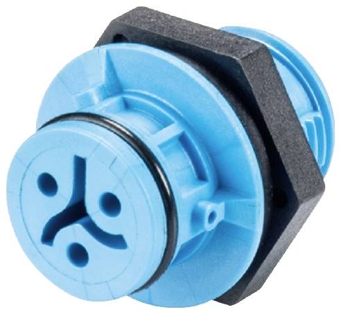 Un connecteur rond bleu avec trois trous et un embout hexagonal noir. Adapté pour les connexions électriques.