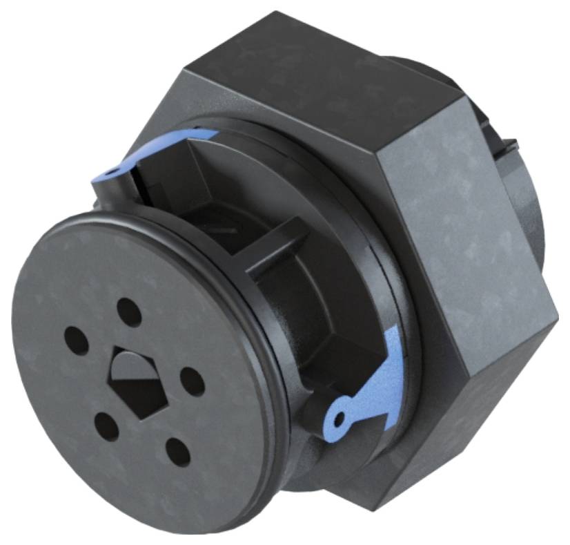 Un composant technique noir, hexagonal avec des détails bleus. Il a un avant rond percé de plusieurs petits trous.