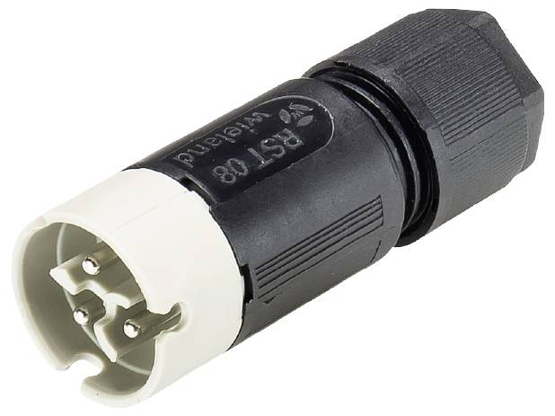 Un connecteur noir rond avec plusieurs broches et un capuchon blanc, portant l'inscription latérale 'RST 08'.