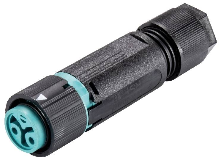 Un connecteur cylindrique noir avec des éléments verts, adapté aux applications industrielles.