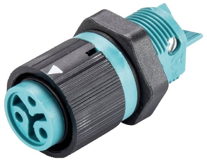 Un connecteur électrique noir et turquoise avec une poignée striée et des connexions circulaires ; adapté aux applications industrielles.