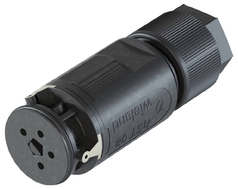 Un connecteur noir cylindrique avec trois trous et un capuchon de vis hexagonal.