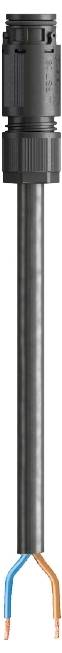 Adaptateur de fiche noir, cylindrique, avec des extrémités de câbles dénudées bleues et marron. L'adaptateur est orienté verticalement.