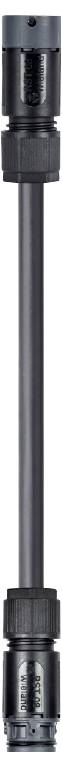 Un connecteur cylindrique noir avec deux bornes métalliques à ses extrémités, probablement un connecteur de câble.