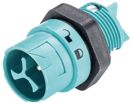 Connecteur plastique de couleur bleue avec un verrou à baïonnette noir, typiquement utilisé pour des connexions électromécaniques.