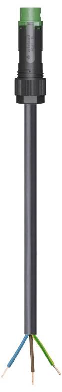 Un câble électrique noir avec une fiche de connexion verte et quatre extrémités dénudées : bleu, marron, gris et vert-jaune.