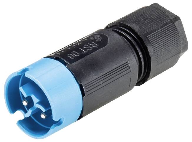 Connecteur avec capuchon bleu et boîtier noir, montrant deux broches métalliques. Adapté aux applications industrielles.