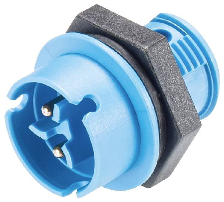 Un connecteur électrique bleu avec deux broches métalliques au centre, entouré d'un socle hexagonal noir.