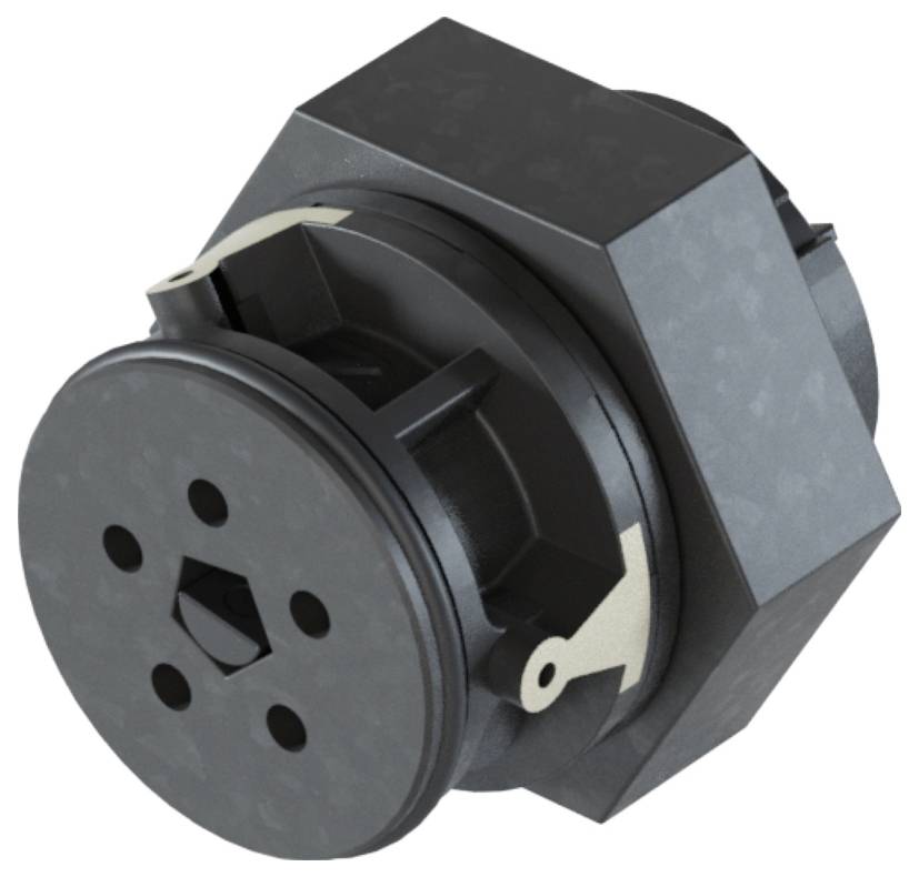 Un connecteur hexagonal noir avec des formes rondes et angulaires, visible de dessus. Adapté pour les connexions électriques.