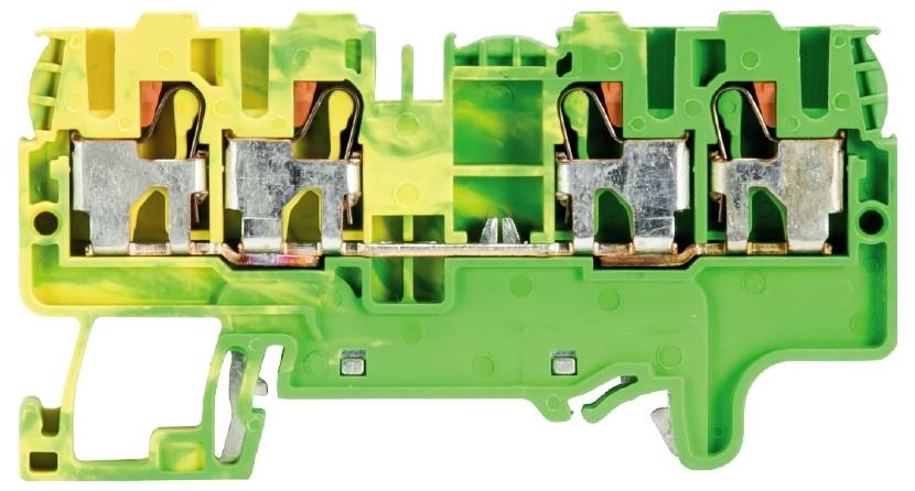 Illustration d'un bloc de connexion électrique vert avec des accents jaunes et orangés, composé de plusieurs contacts métalliques.