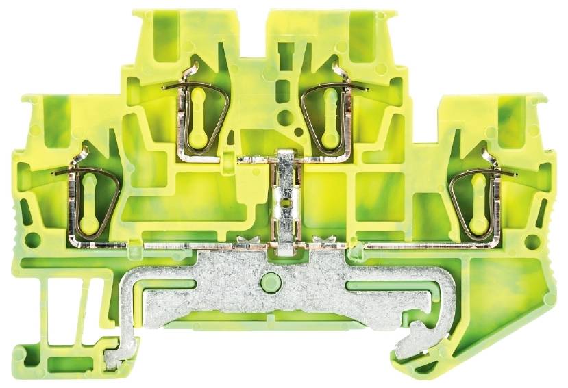 Bloc de bornes à rangée vert et jaune avec connexions métalliques au centre, adapté au câblage électrique dans les armoires de commande.