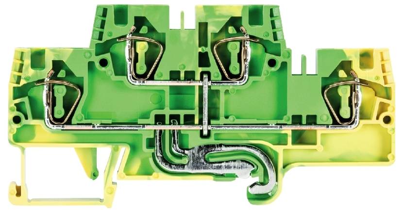 Bornes électriques vertes et jaunes avec contacts métalliques, utilisées pour connecter des câbles dans des circuits électriques.