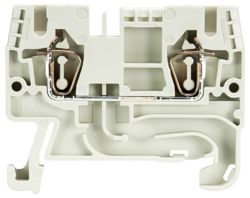 Une pince grise avec deux connexions en cuivre et un étrier métallique au centre, utilisée pour les circuits électriques.
