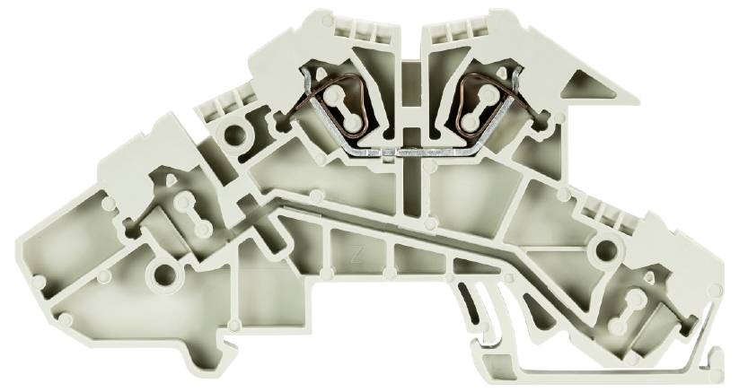 Un élément de fixation en plastique gris avec plusieurs points de connexion et des connecteurs métalliques intégrés pour attacher et guider des fils électriques.