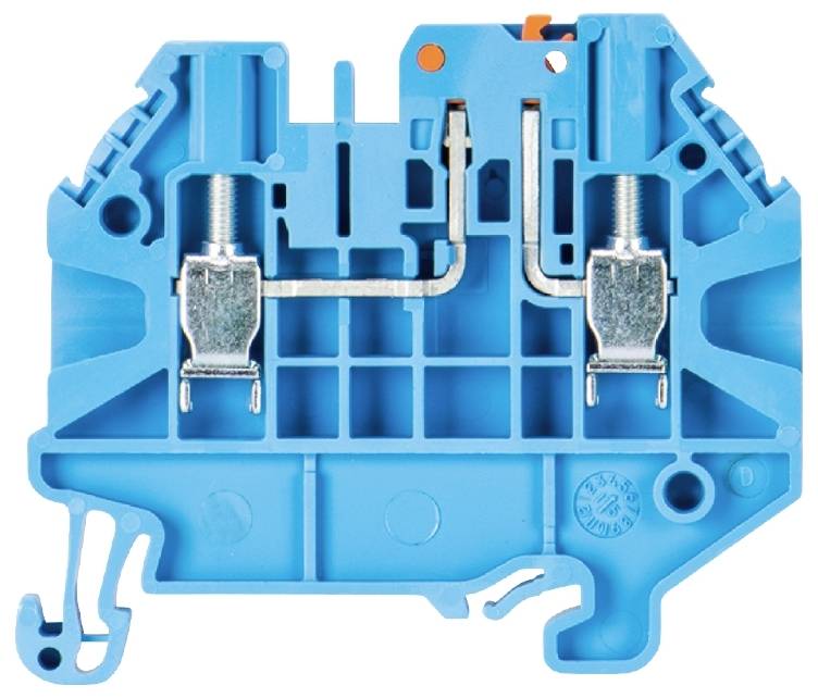 Un bloc de bornes électrique modulaire bleu avec des connexions à vis et des connexions métalliques, conçu pour un montage sur rail DIN.