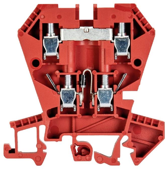Un bloc de bornes électrique rouge en série avec des connexions à vis et des points de contact métalliques, destiné à assurer une connexion sûre des câbles.